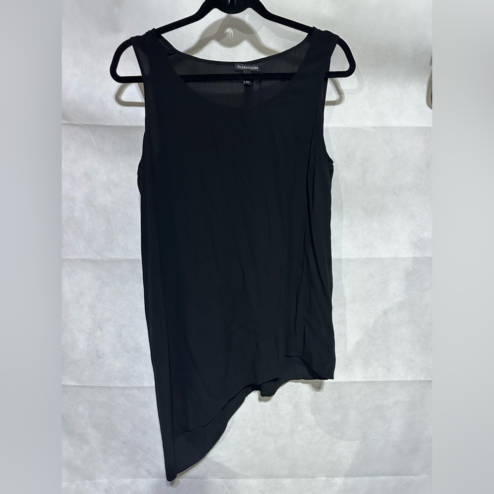 Eileen Fisher S 100% Silk Asymmetrical Sheer Hem Georgette Tunic Top Tank Black